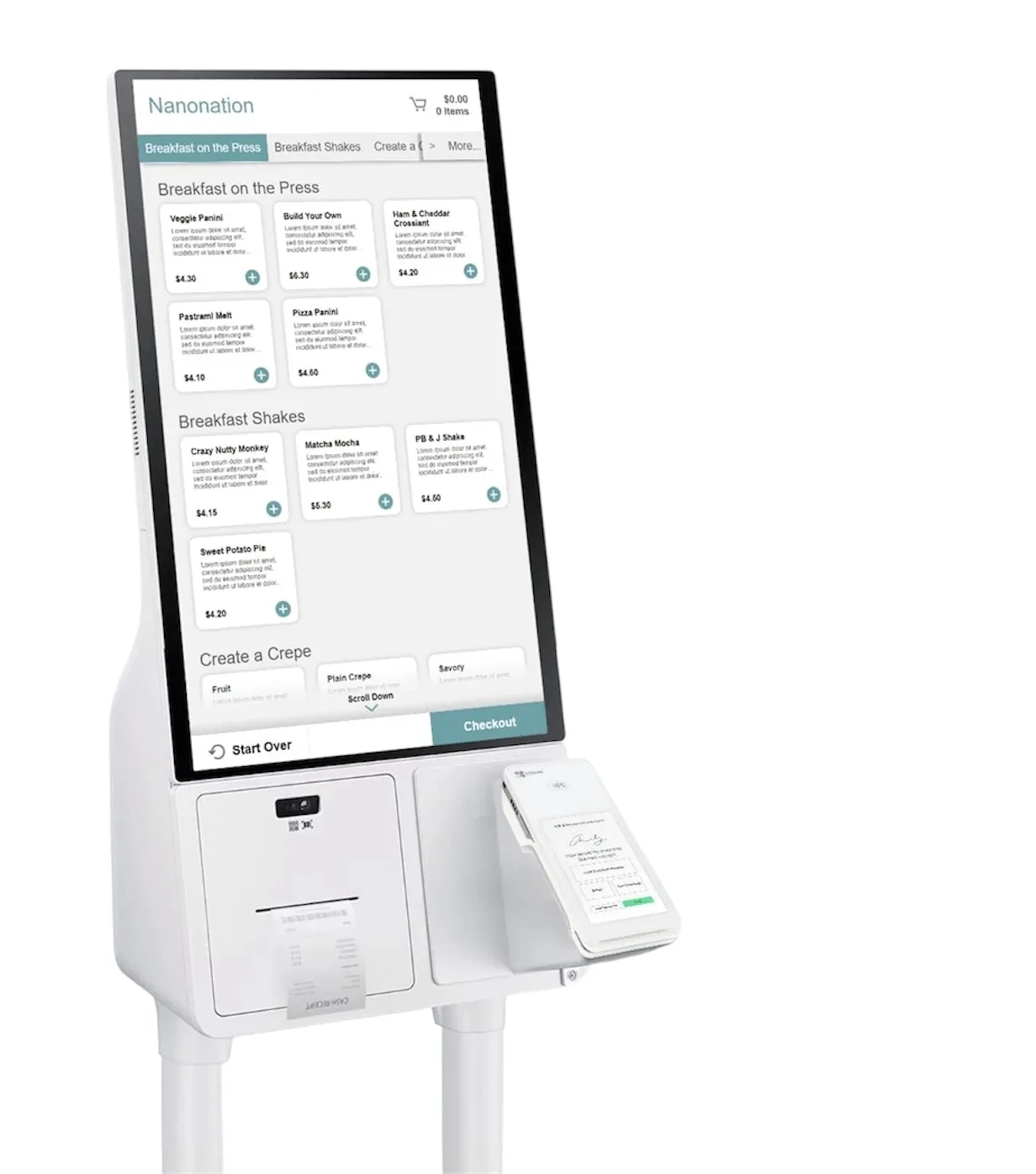 Self-ordering kiosk with customer-facing checkout screen